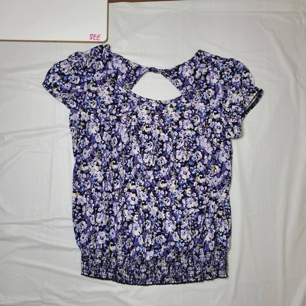 Womens AGB short sleeve‎ blouse.  White/purple/black floral.  Size Large.